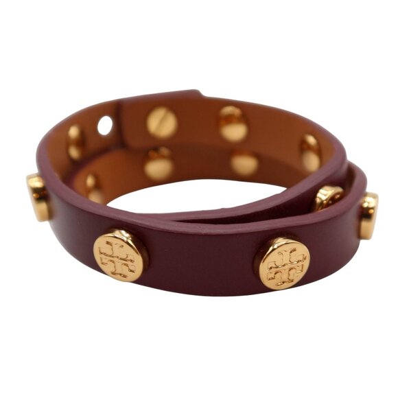 TORY BURCH Burgundy Leather Gold Tone Logo Stud Double Wrap Bracelet Red - Picture 3 of 6